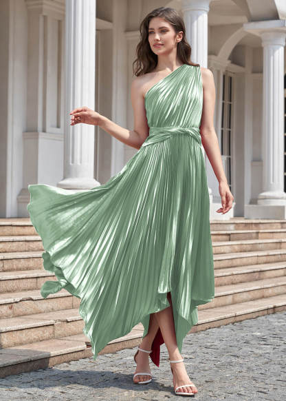 One Shoulder Satin Pleated Tea Length Asymmetrical Bridesmaid Dress