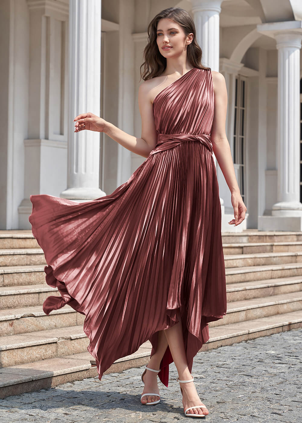 One Shoulder Satin Pleated Tea Length Asymmetrical Bridesmaid