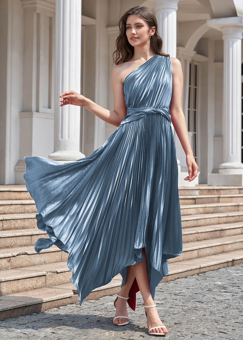One Shoulder Satin Pleated Tea Length Asymmetrical Bridesmaid