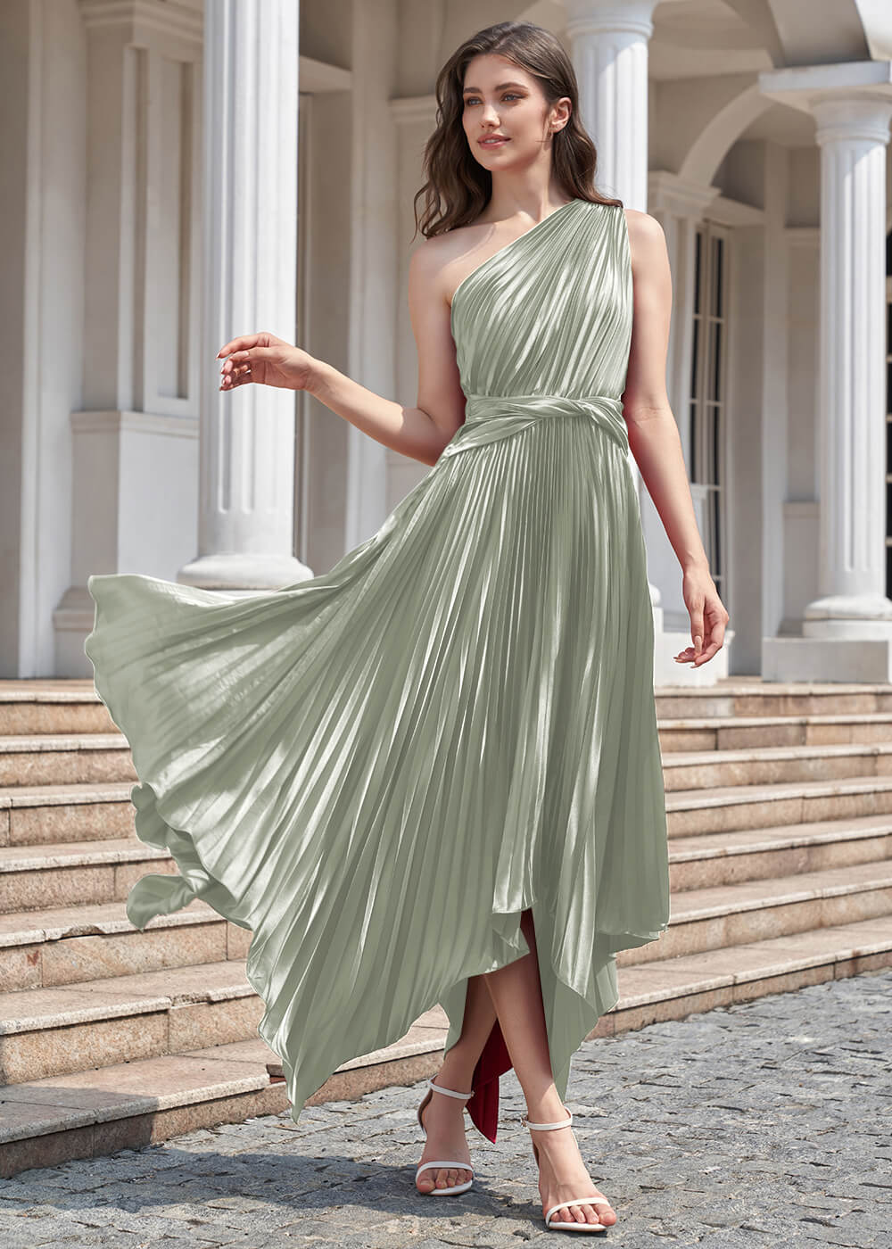 One Shoulder Satin Pleated Tea Length Asymmetrical Bridesmaid
