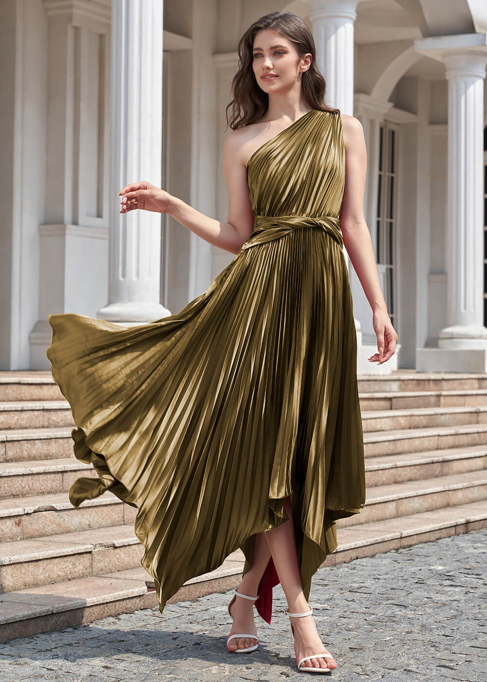 One Shoulder Satin Pleated Tea Length Asymmetrical Bridesmaid Dress