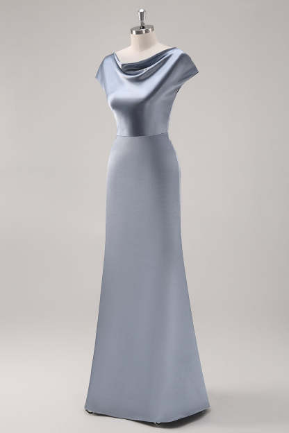 Grey Blue Satin Cowl Collar Maxi Bridesmaid Dress