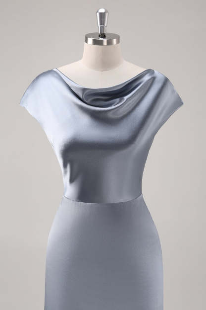 Grey Blue Satin Cowl Collar Maxi Bridesmaid Dress