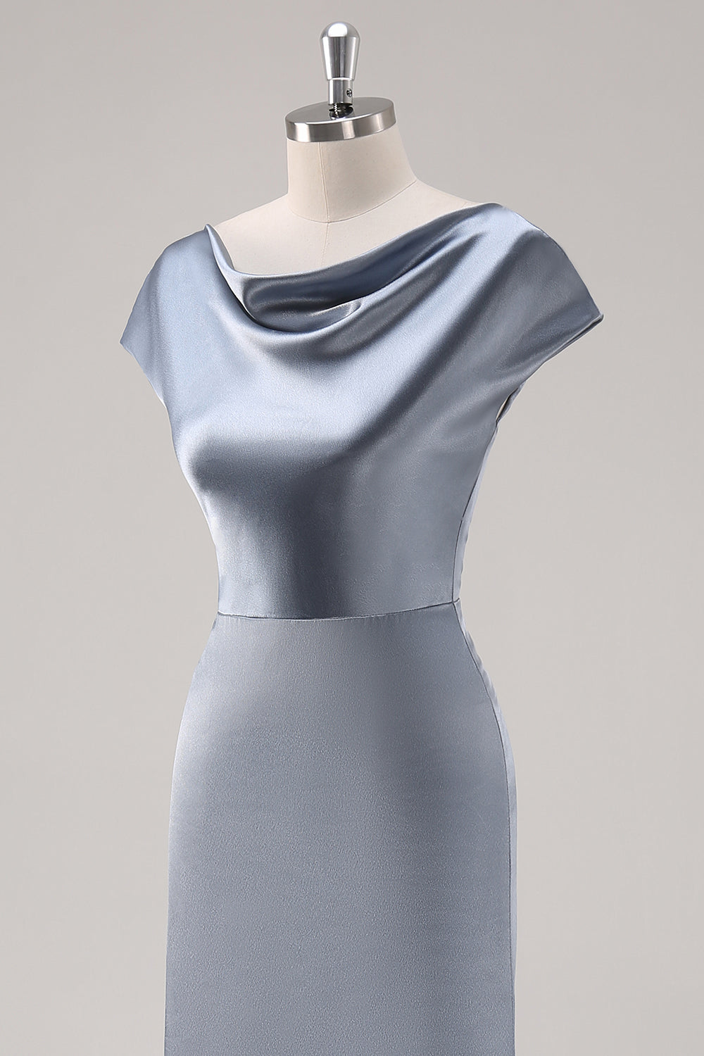 Grey Blue Satin Cowl Collar Maxi Bridesmaid Dress
