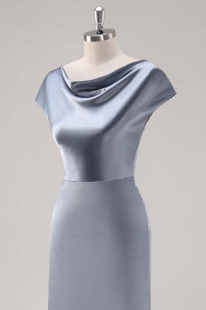 Grey Blue Satin Cowl Collar Maxi Bridesmaid Dress