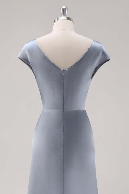Grey Blue Satin Cowl Collar Maxi Bridesmaid Dress