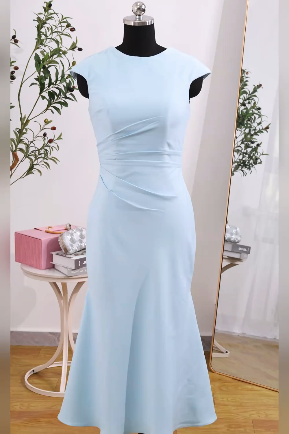 White Cap Sleeves Bodycon Ruched Midi Rehearsal Dinner Dress