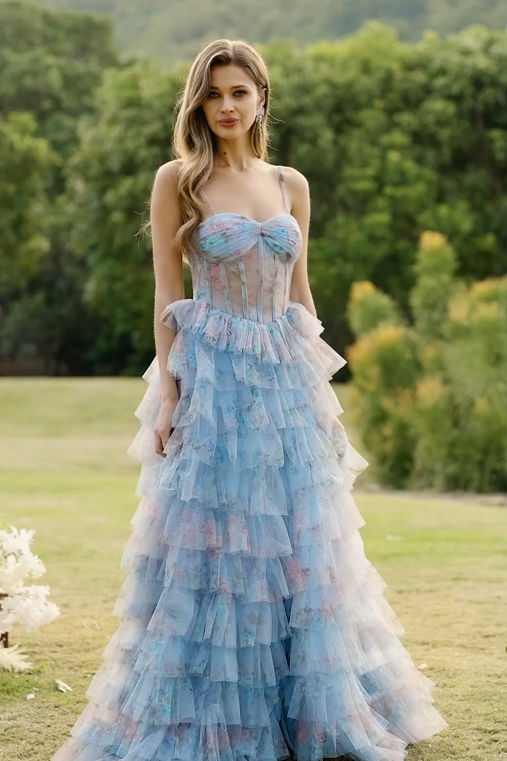 Floral Blue A Line Tiered Chiffon Long Corset Prom Dress with Slit