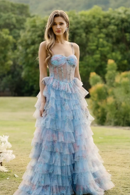 Floral Blue A Line Tiered Chiffon Long Corset Prom Dress with Slit