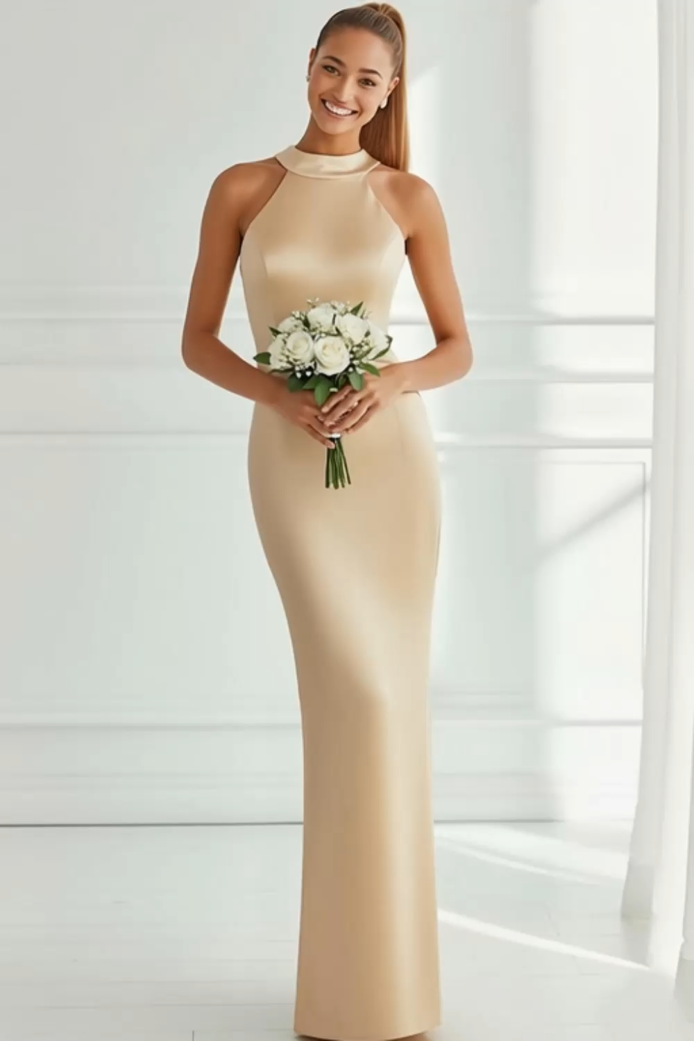 Champagne Satin Mermaid Halter Neck Long Bridesmaid Dress