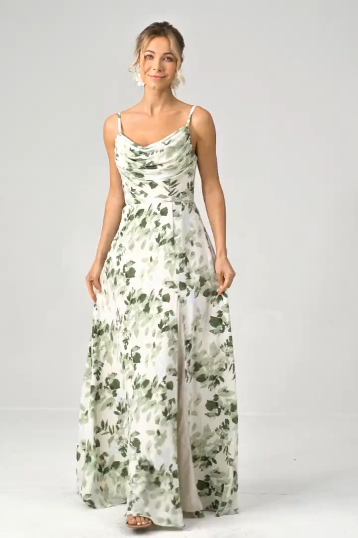 Green Floral Ruffles Tiered Floral Bridesmaid Dress with Slit