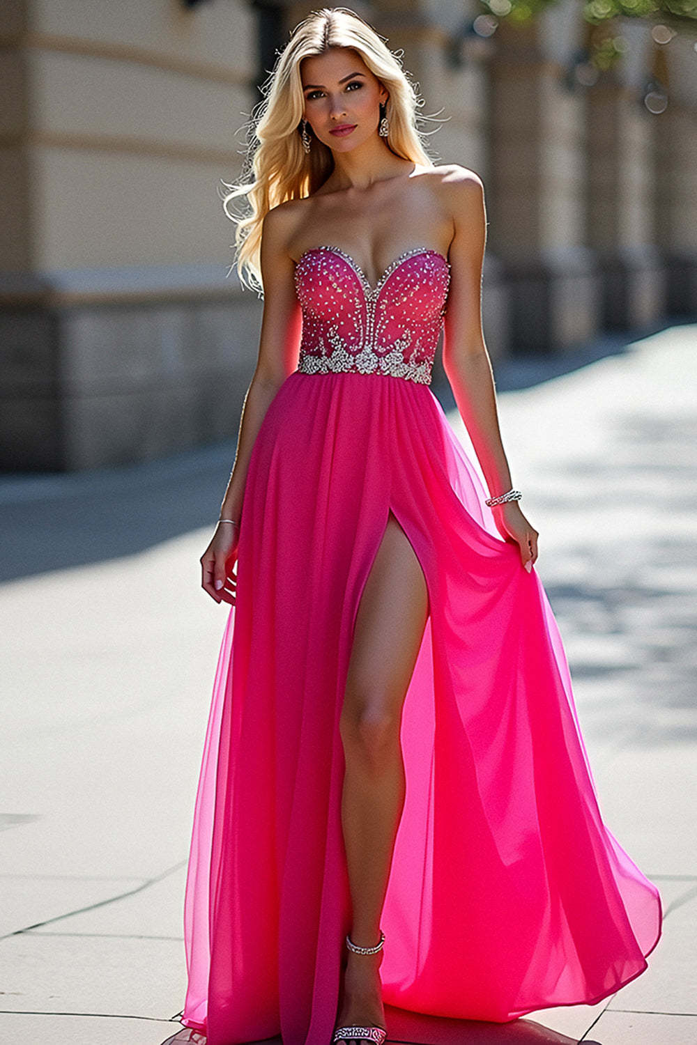 Leely Women Fuchsia A Line Sweetheart Tulle Prom Dress with Slit Beaded Corset Long Formal Dress