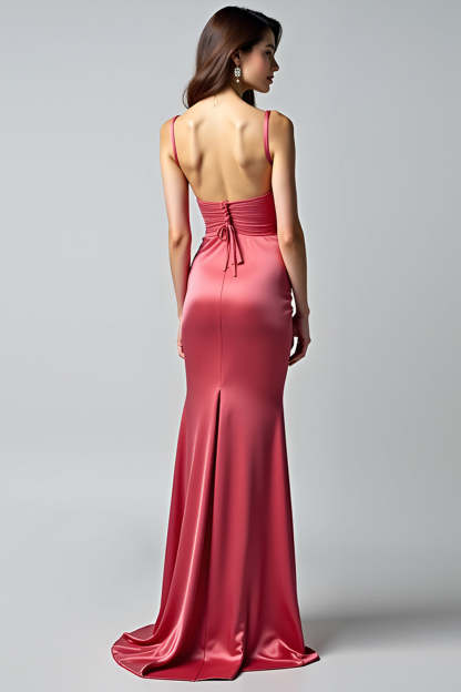 Watermelon Spaghetti Straps Sheath Ruched Long Formal Dress