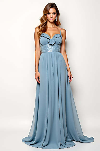 Leely Women A Line Dusty Blue Chiffon Wedding Guest Dress Spaghetti Straps High Waist Sweetheart Long Formal Dress