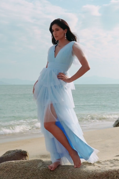 Grey Blue Ruffles Tiered A-Line Tulle Bridesmaid Dress with Slit