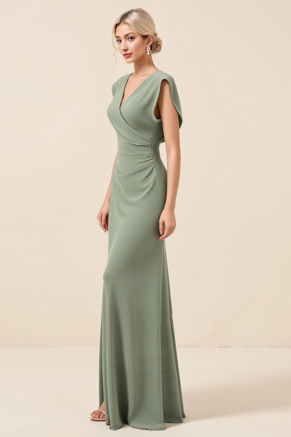 Sheath Chiffon Eucalyptus V-Neck Long Bridesmaid Dress with Slit