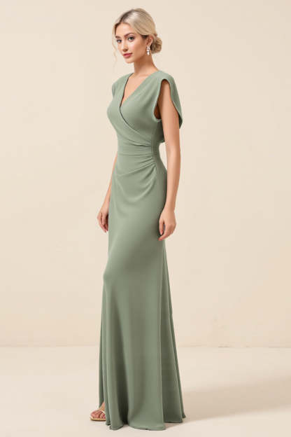 Sheath Chiffon Eucalyptus V-Neck Long Bridesmaid Dress with Slit