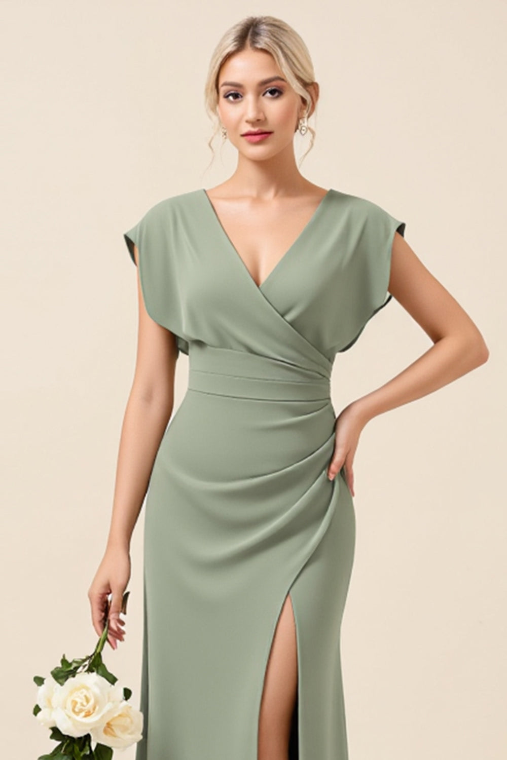 Sheath Chiffon Eucalyptus V-Neck Long Bridesmaid Dress with Slit