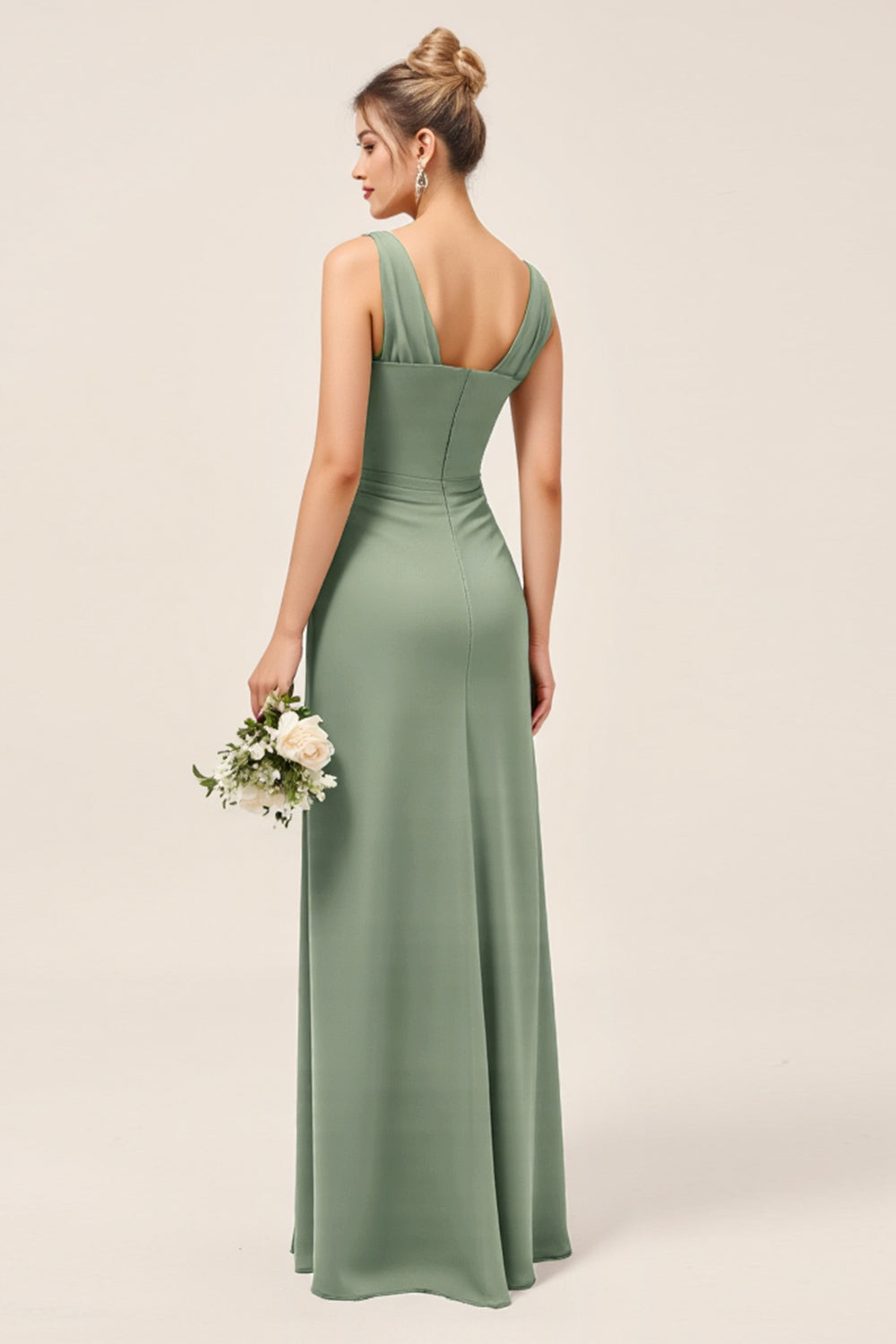 Satin Eucalyptus Sheath V Neck Ruched Maxi Bridesmaid Dress with Slit