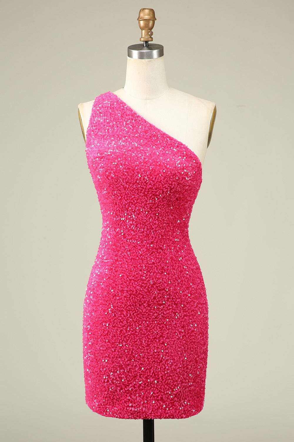 LEELY Sparkly Tight Homecoming Dress Fuchsia One Shoulder Sequins Short Party Dress