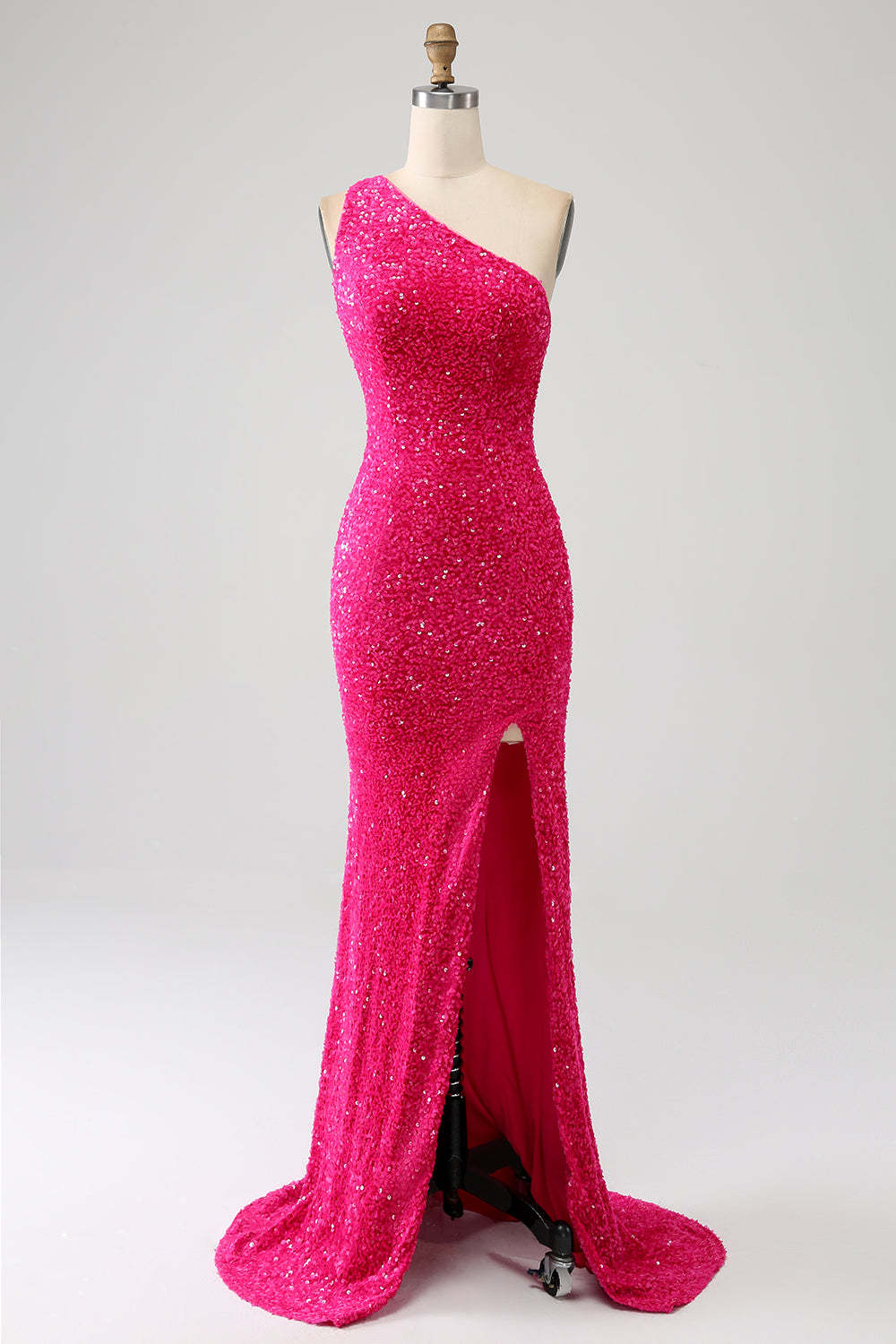 Leely Women Sequin Prom Dress Fuchsia One Shoulder Evening Dress with Slit