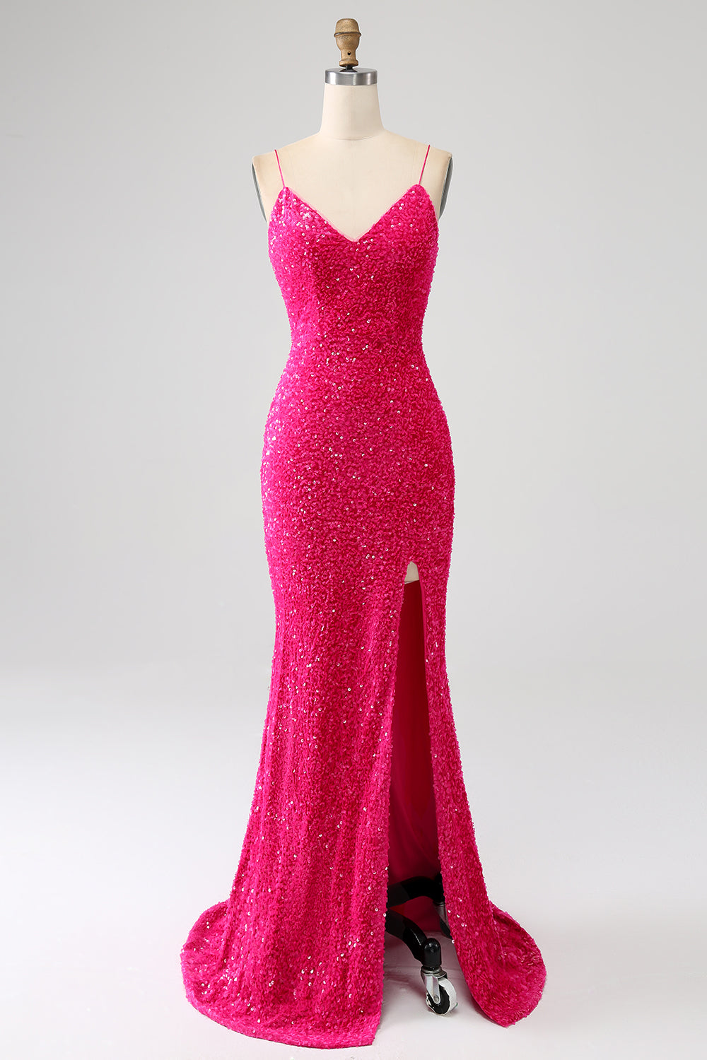 Leely Women Fuchsia Long Prom Dress Mermaid Spaghetti Straps V-Neck Sequin Evening Dress With Split