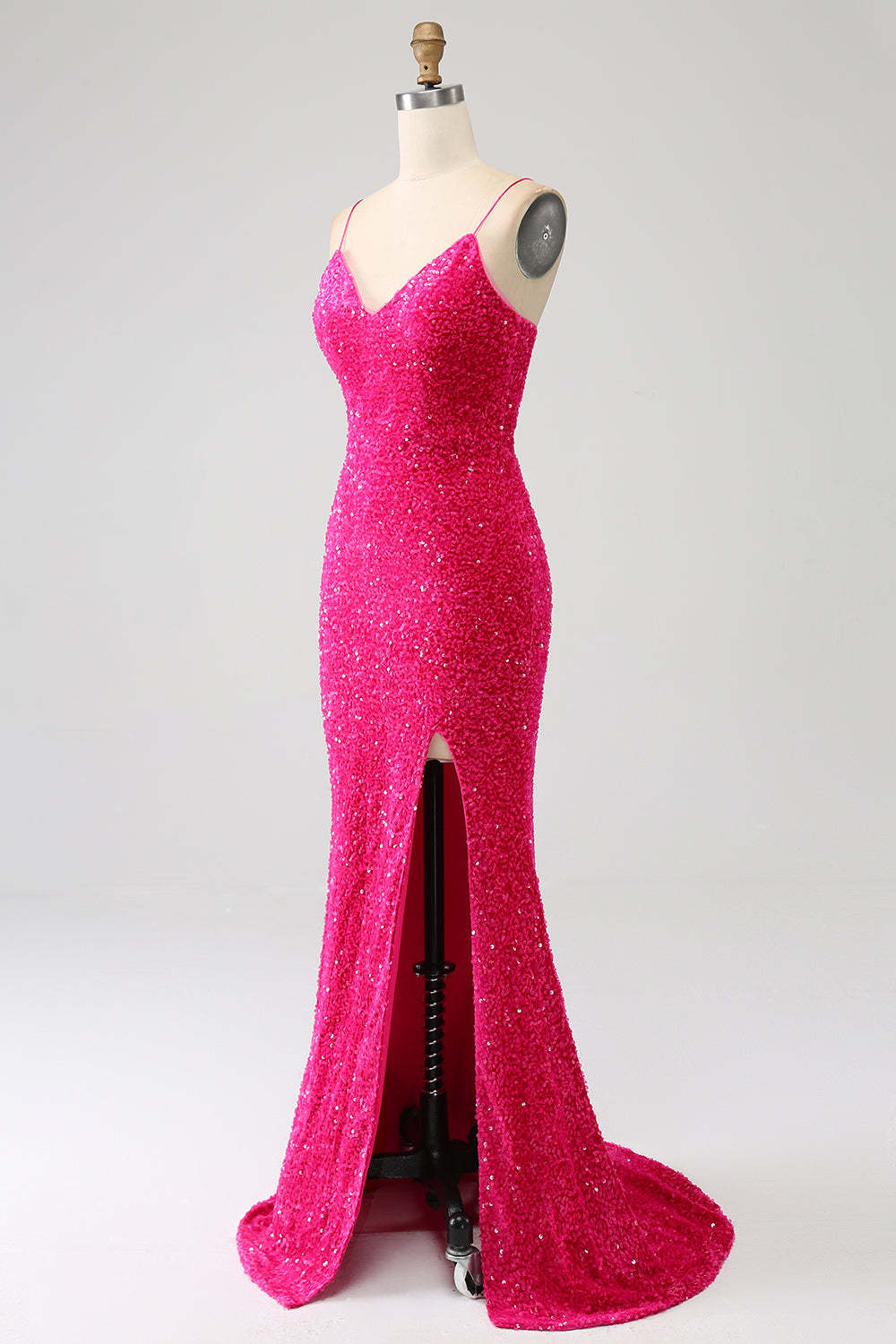 Fuchsia Mermaid Spaghetti Straps V-Neck Sequin Prom Dress With Split