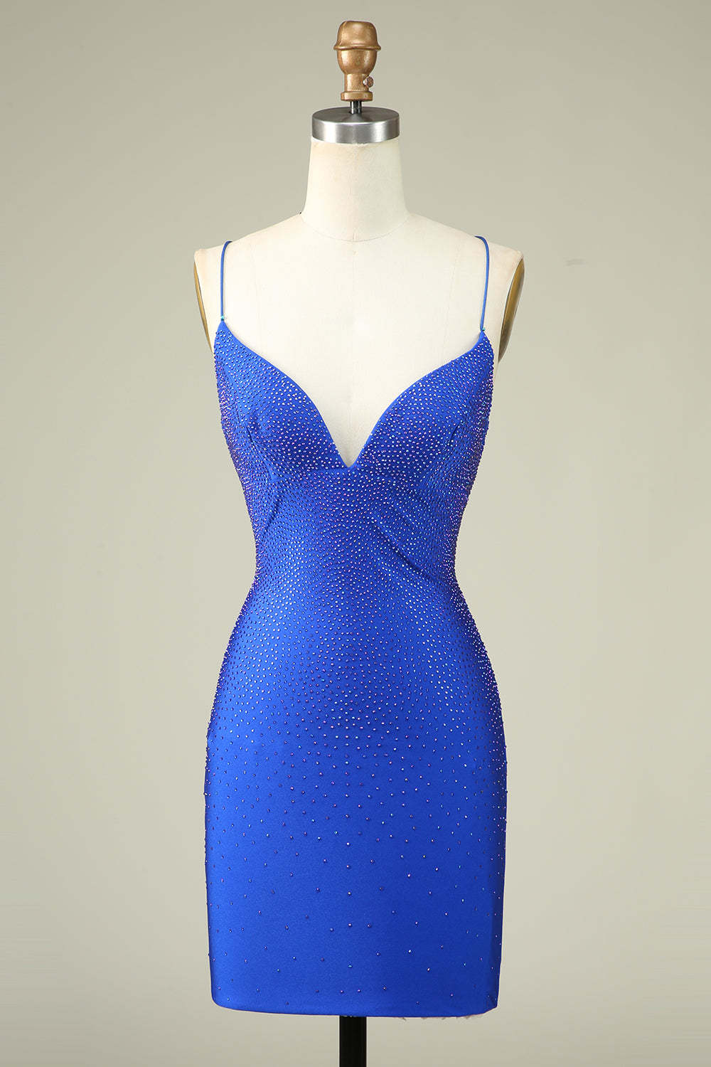LEELY Sexy V Neck Royal Blue Spaghetti Straps Bodycon Homecoming Dress With Rhinestones