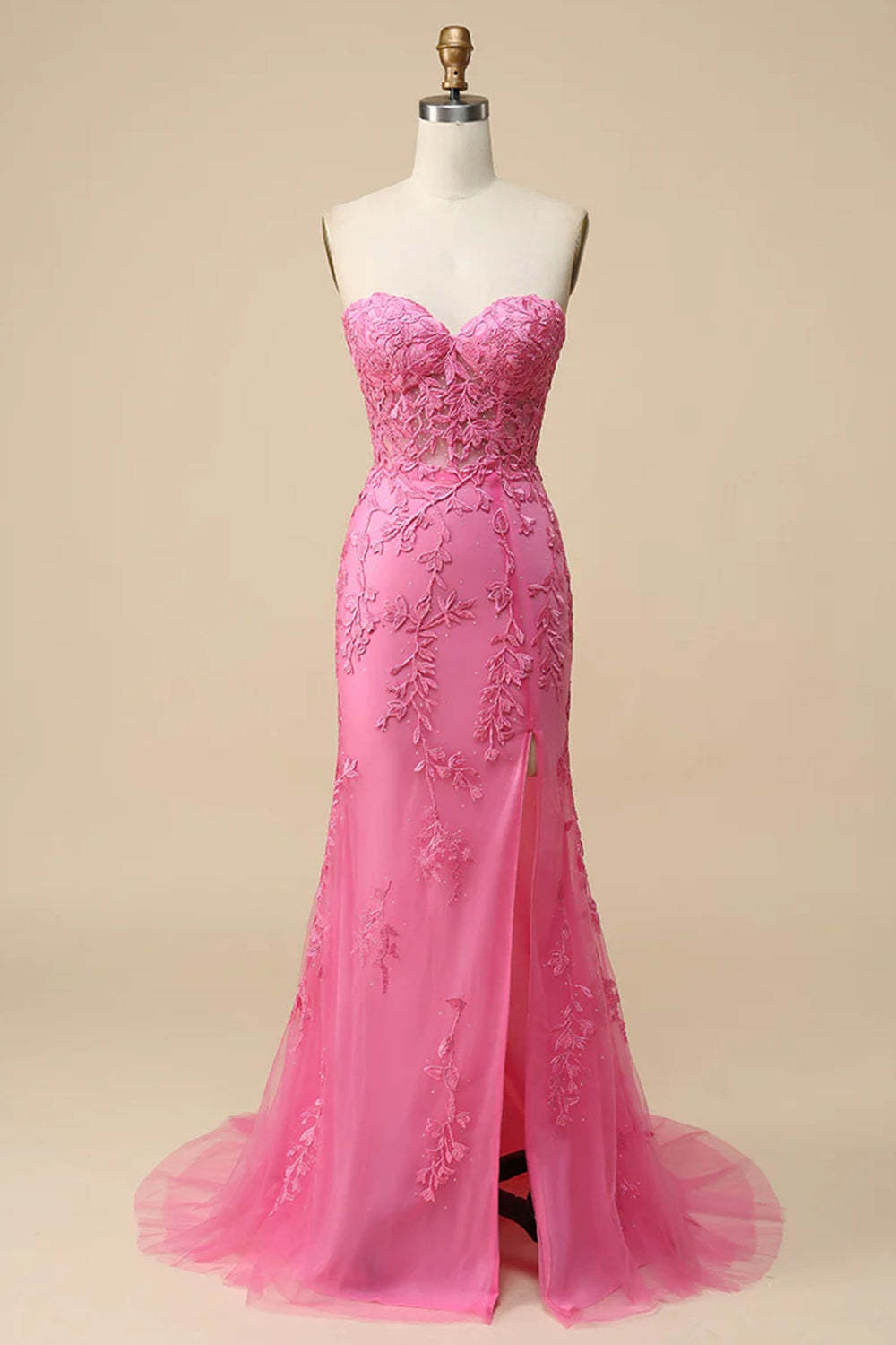 Leely Women Pink Corset Long Prom Dress with Slit Mermaid Sweetheart Lace Party Dress