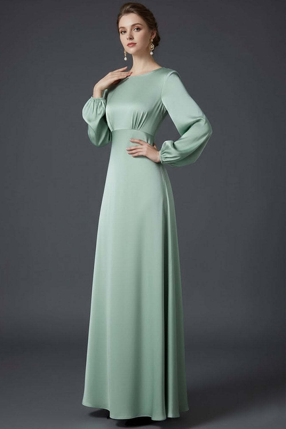 Blue Satin A Line Round Neck Long Wedding Guest Dress with Long Sleeves