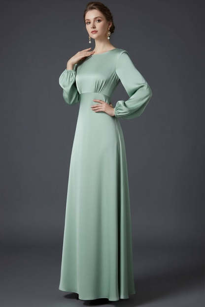 Blue Satin A Line Round Neck Long Wedding Guest Dress with Long Sleeves
