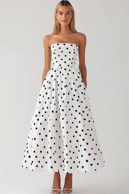 Black and White Satin Empire Strapless Boho Maxi Polka Dot Dress