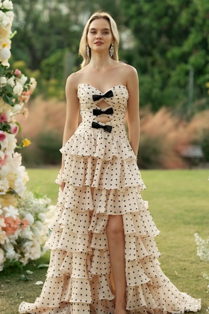 Apricot Black Dot Keyhole Sweetheart Long Tiered Prom Dress with Slit