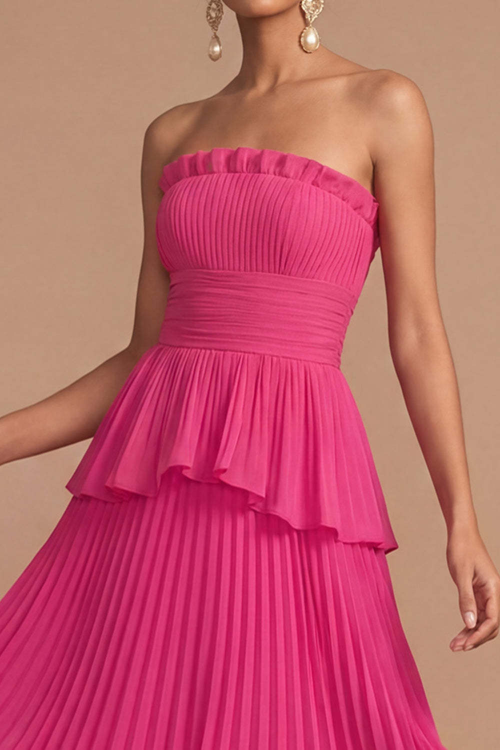 Raspberry Strapless A Line Pleated Midi Wedding Guest Dress
