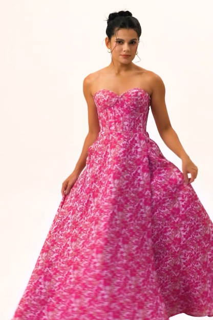 Fuchsia Corset Floral Sweetheart Long Wedding Guest Dress with Slit