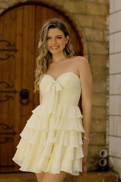 Short Light Yellow Sweetheart Ruffled A Line Tiered Homecoming Dress with Bow