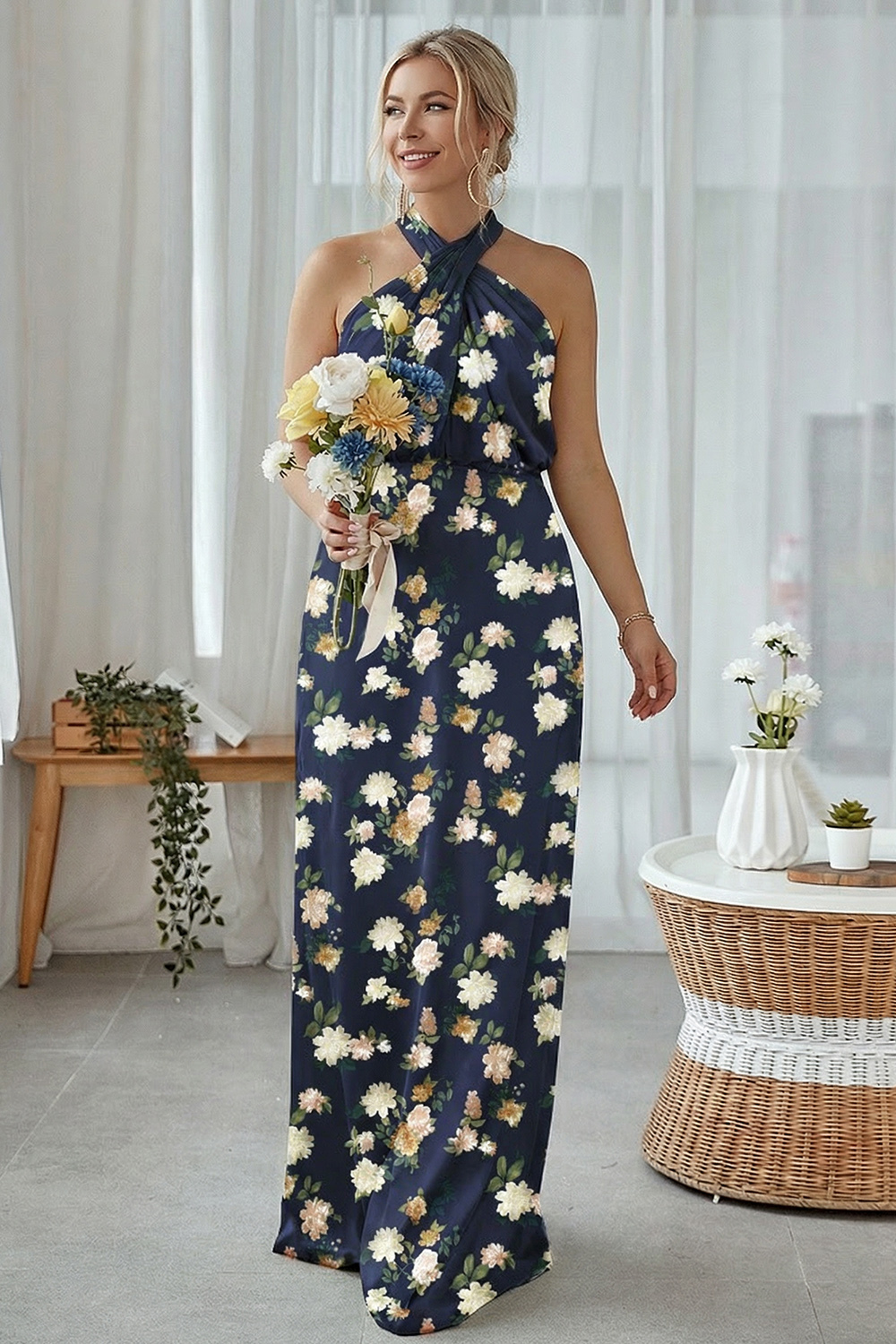 Blue White Flower Halter Sheath Floral Satin Bridesmaid Dress