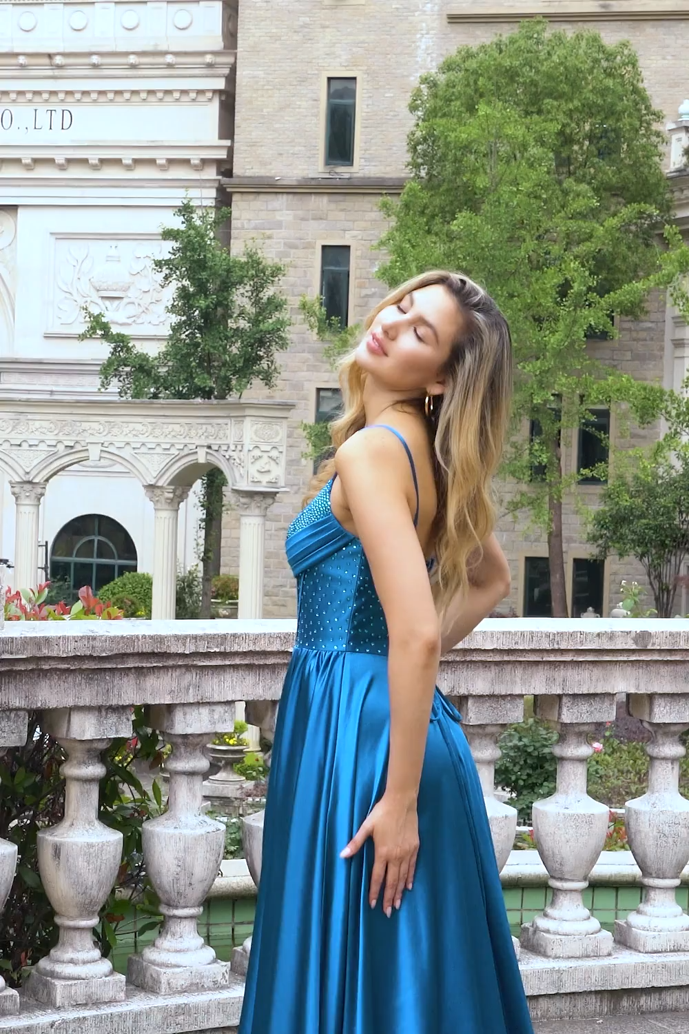 Sparkly Rhinestone Lace Up A-Line Satin Floor-Length Prom Dress with Slit