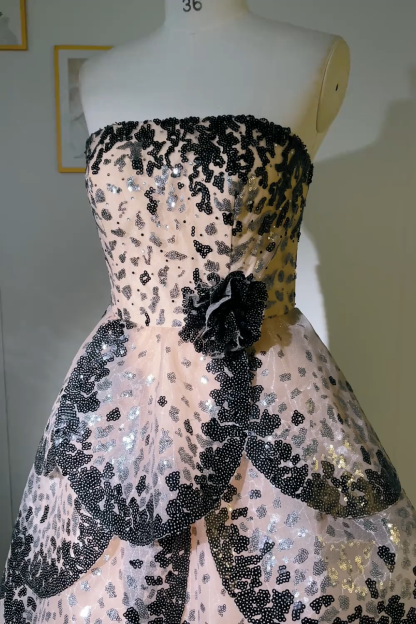 Sparkly Black and Apricot Ball Gown Strapless Long Prom Dress with Sequin