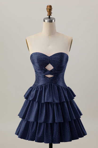 Sparkly Orange Strapless Tiered Keyhole Short Homecoming Dress with Ruffles