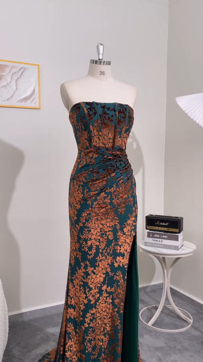 Peacock Green Corset Strapless Long Velvet Bridesmaid Dress with Slit