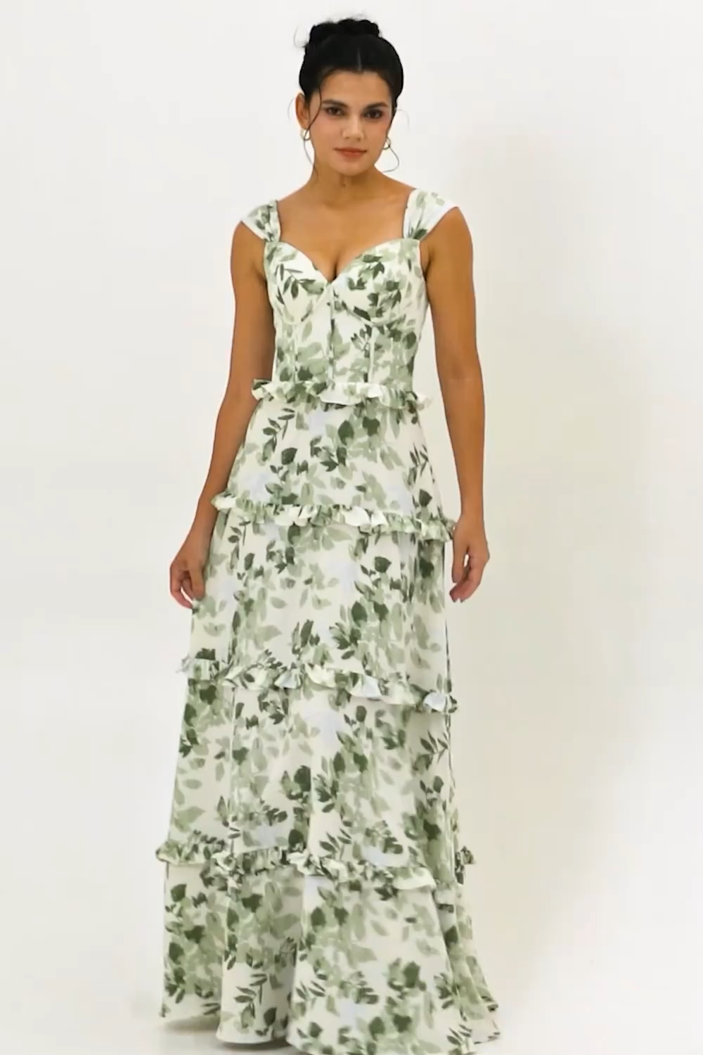 Green Floral Corset Satin A Line Maxi Wedding Guest Dress with Ruffles