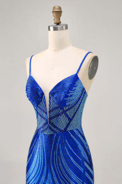 Sparkly Royal Blue Spaghetti Straps Backless Short Tight Homecoming Dress with Beading
