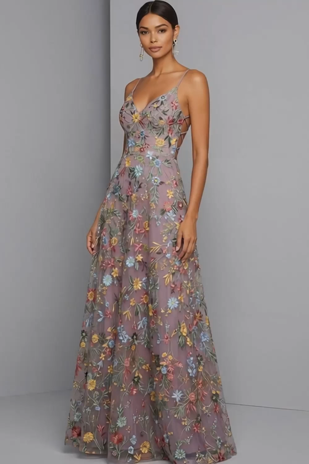 Floral Mauve Spaghetti Straps A Line Backless Maxi Prom Dress