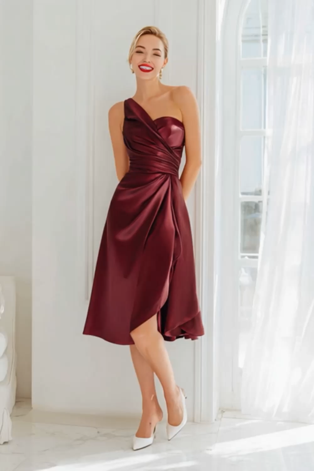 Cabernet Satin A Line One Shoulder Midi Bridesmaid Dress