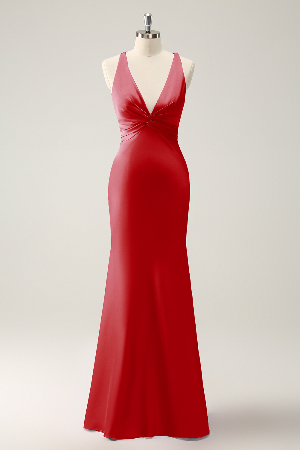 Pink Mermaid V Neck Satin Long Bridesmaid Dress