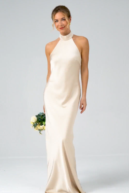 Champagne Halter Mermaid Satin Wedding Guest Dress with Back Slit