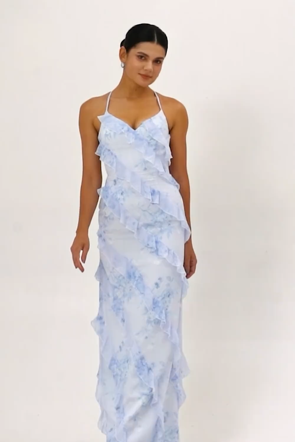 Blue Floral Chiffon Maxi Criss Cross Back Wedding Guest Dress with Ruffles