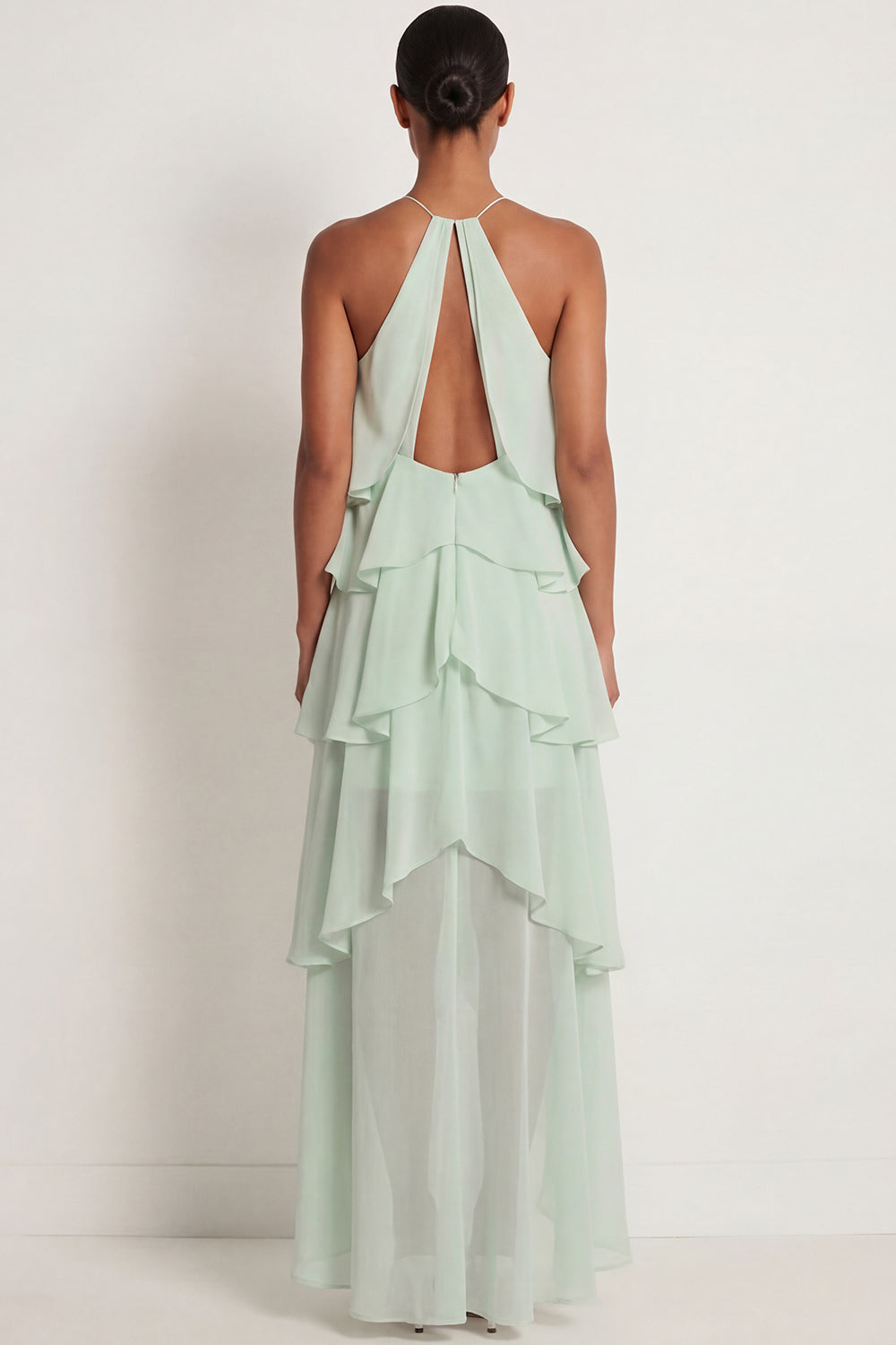 A Line Green Ruffled Halter Neck Long Formal Dress