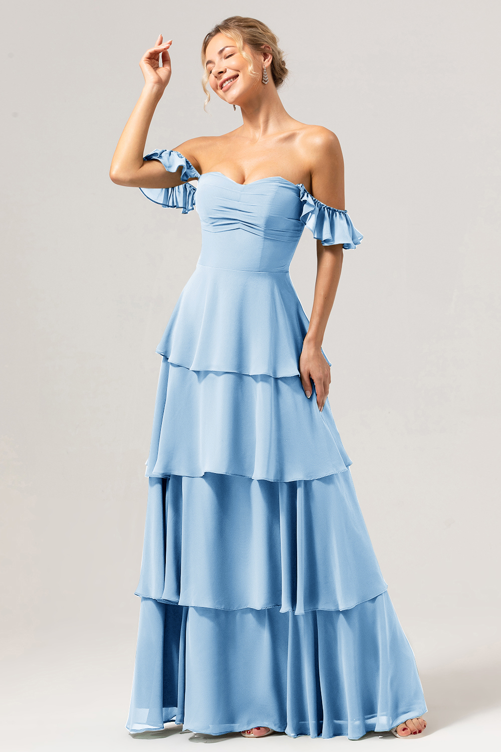Eucalyptus Off the Shoulder Sweetheart Tiered A-Line Bridesmaid Dress